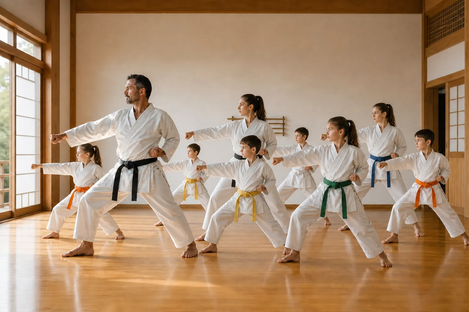 Lezione di karate con istruttori, bambini e ragazzi in un dojo tradizionale